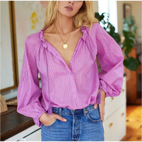 India Collection Emerson Fry Bardot Flowy Peasant Top Pink Lurex Size Large - Picture 10 of 10